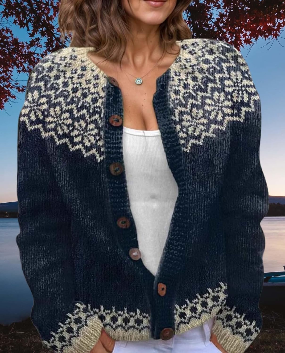 Women's Fair Isle Pattern Knit Cardigan Sweater Vintage Button Down Open Front Jacket Coat for Fall & Winter 2025 - Image 3