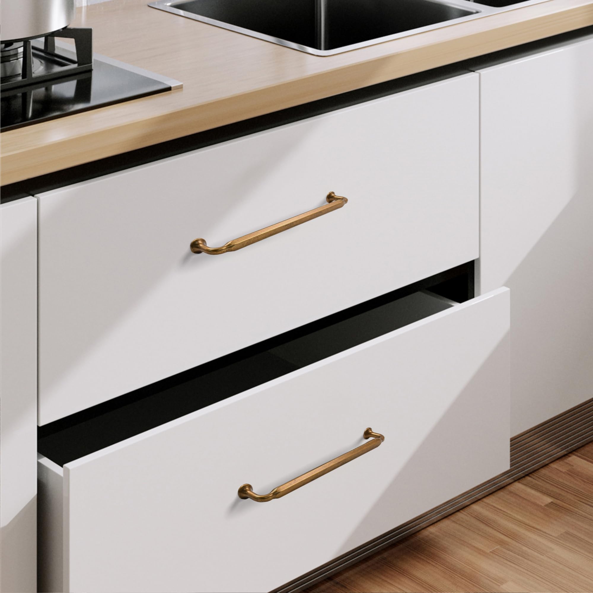9BUILD Confezione da 10 maniglie in ottone anticato per armadietti da cucina da 19,1 cm, maniglie vintage per cassetti, maniglie da cucina per armadietti, cassetti retrò