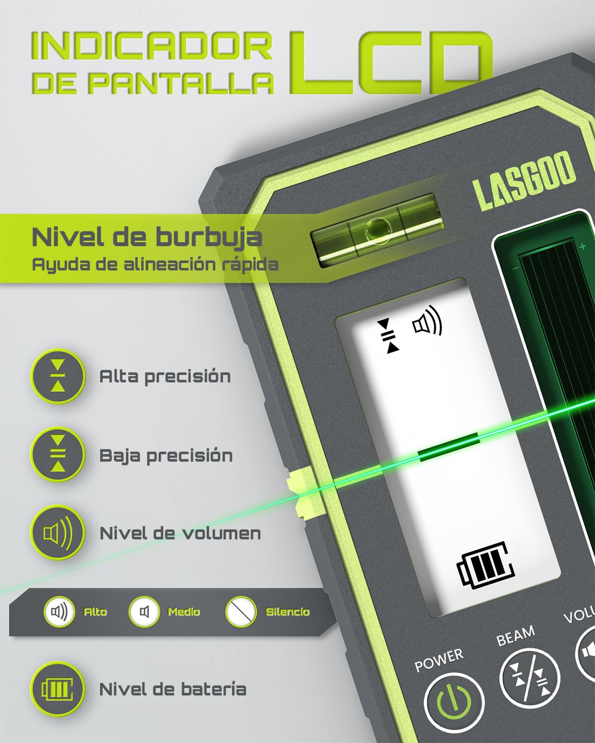 LasGoo Detector Láser para Nivel láser, Receptor en Modo Pulso, Alcance de 50 m, Pantalla Dual LCD con retroiluminación, Altavoz Ajustable, Nivel de Burbuja y Abrazadera incluida