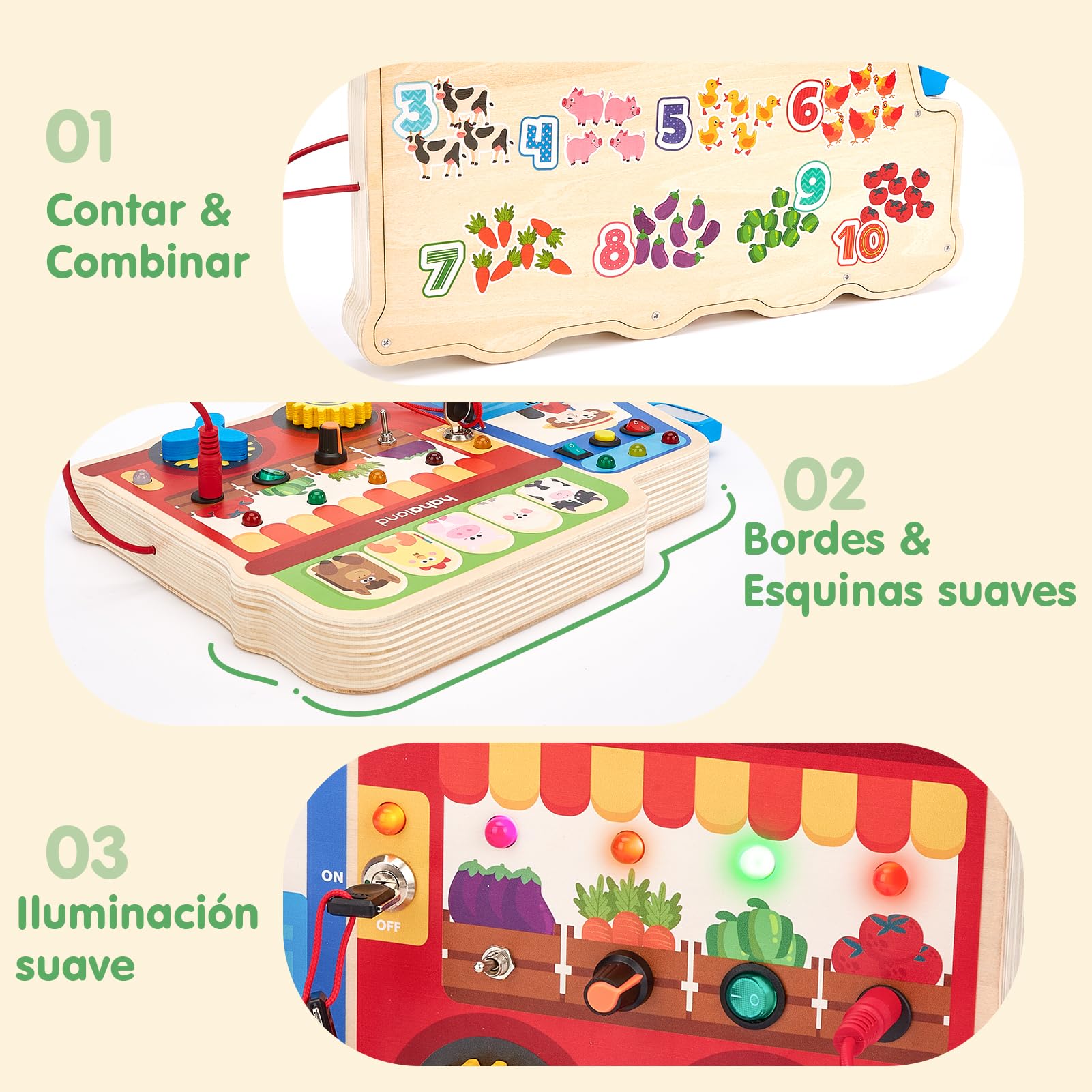 hahaland Juguetes Montessori Niños 1 año, 18 en 1 Busy Board de Madera | Luces LED y Interruptores, Motricidad Fina para Bebés Juguetes Sensoriales 1 2 3 años