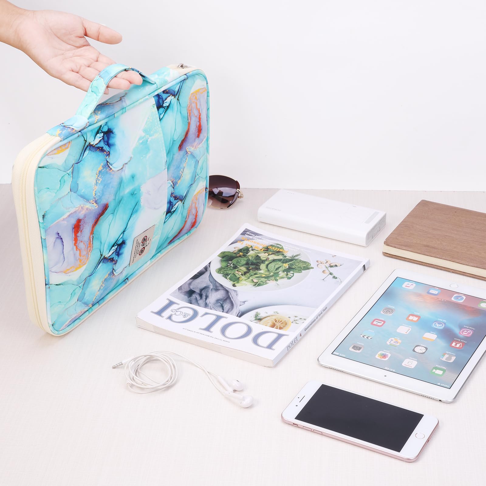 JAKAGO Carpeta impermeable A4, soporte para documentos de negocios, organizador de viaje, funda multifuncional con cremallera para vacaciones, viajes, trabajo, uso diario (verde mármol)