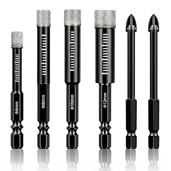 Diamond Drill Bit Set, Tile Drill Bits, 6/8/10/12mm Hex Shank, Suitable for Granite, Ceramic, Marble, Stone, and Glass Black, 6 PCS