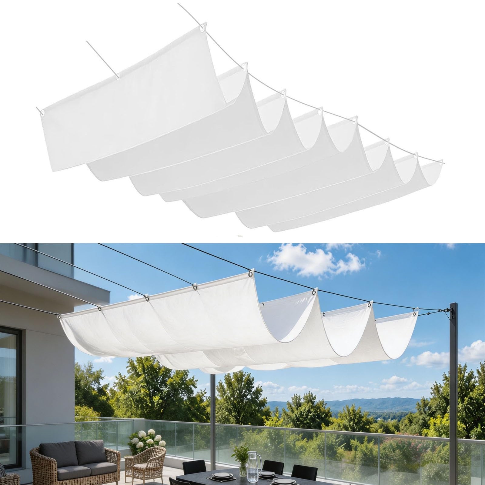 Cortaviento y toldos de exterior rectangulares en PES premium blanco ondulado contra radiacion solar