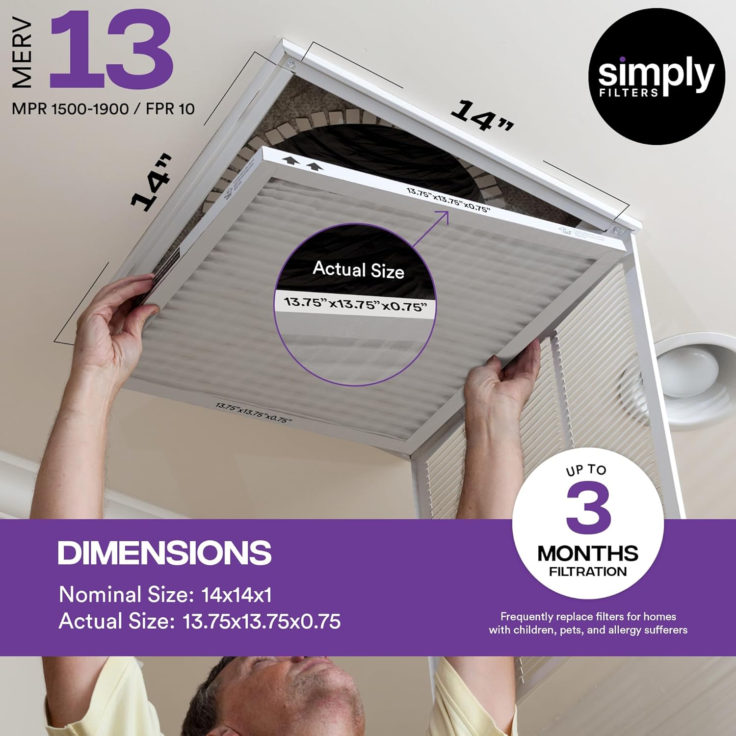 Simply 14x14x1 Air Filter, Merv 13, 4 Pack, For Home AC Furnace & HVAC (Actual Size: 13.75"x13.75"x0.75") DUST, Pet, & Allergy Control