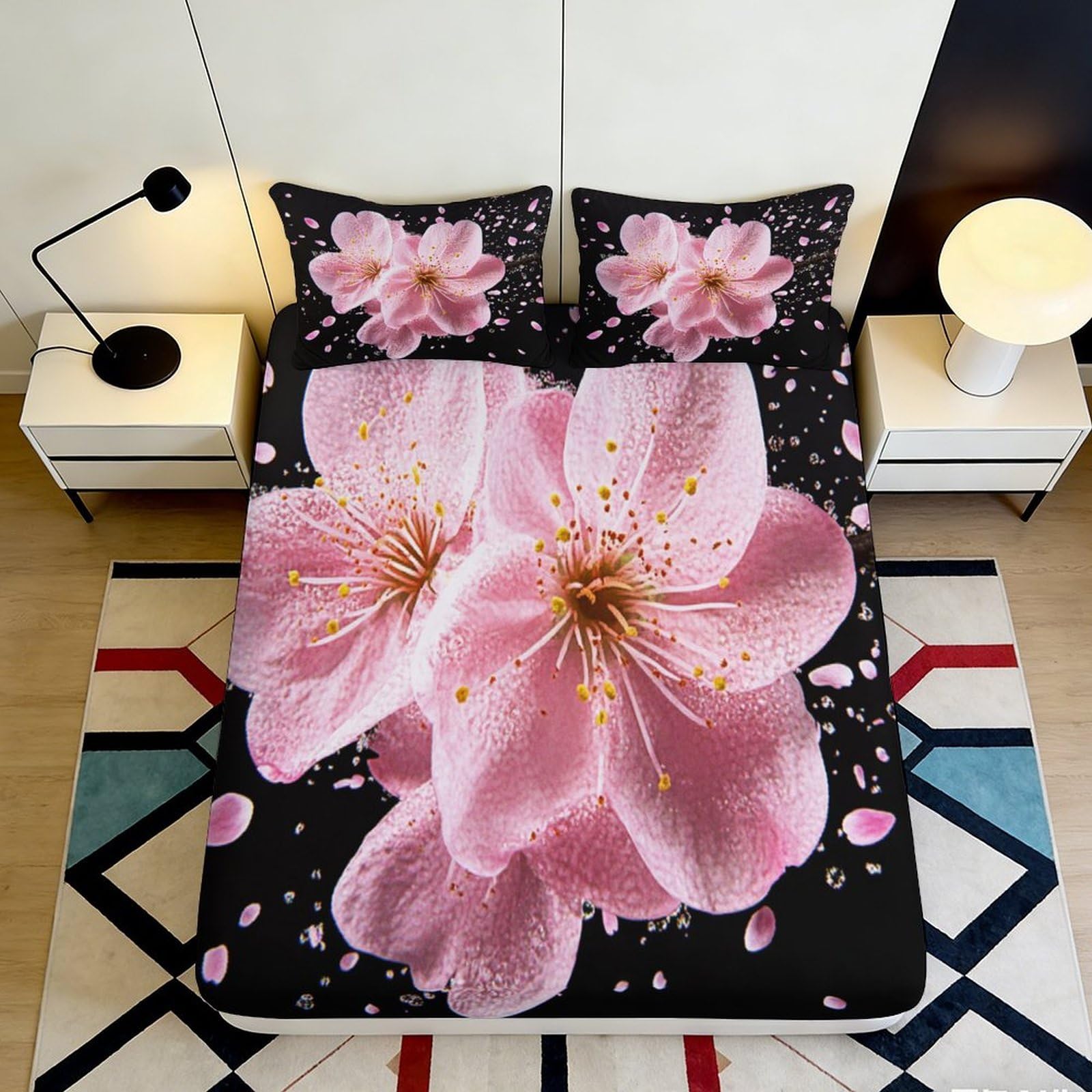 Tjiqhvmrn Style-4 3D Printed Sakura Pattern Fitted Sheet Microfiber Deep Pocket Non-Slip Bedroom Bedding Sakura Mattress Fitted Cover Full Wrap Washable 90X200x25cm