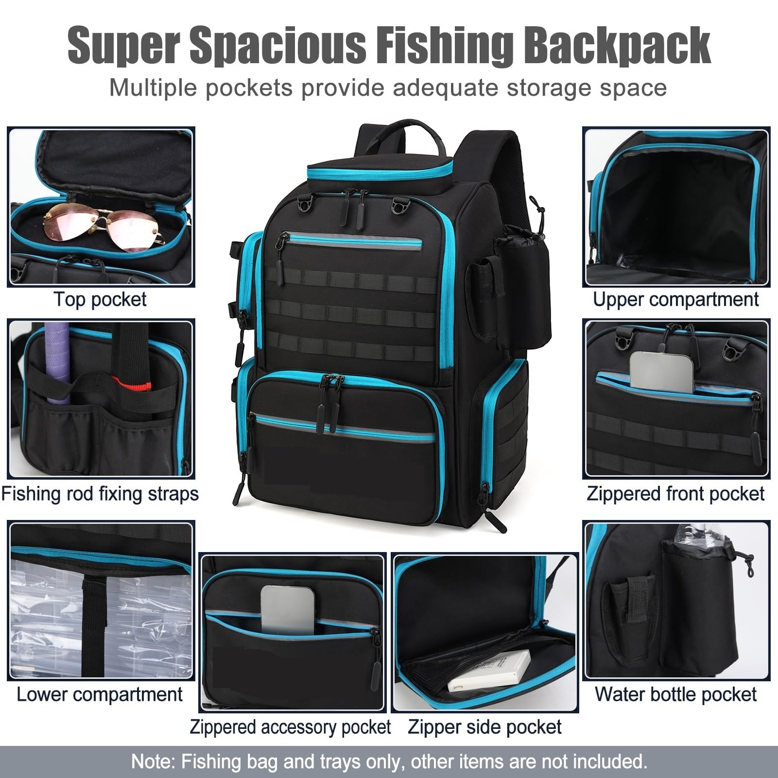 Zaino da Pesca Impermeabile, Borsa Porta-Attrezzi da Pesca con 4 vassoi e Copertura Antipioggia per Esche, ami