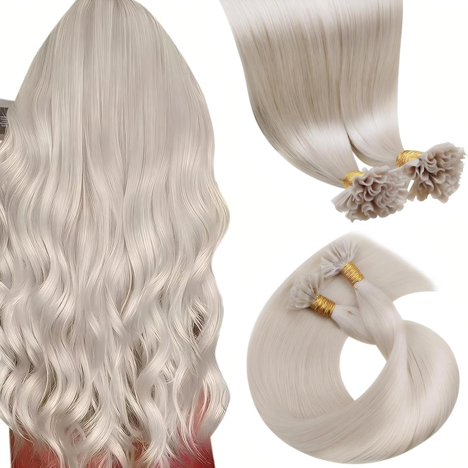 LaaVoo Extension Cheveux Naturel Keratine Blanc 50g 50 Mèche 40cm Extension Cheveux Humain Keratine Platine Lisse #60
