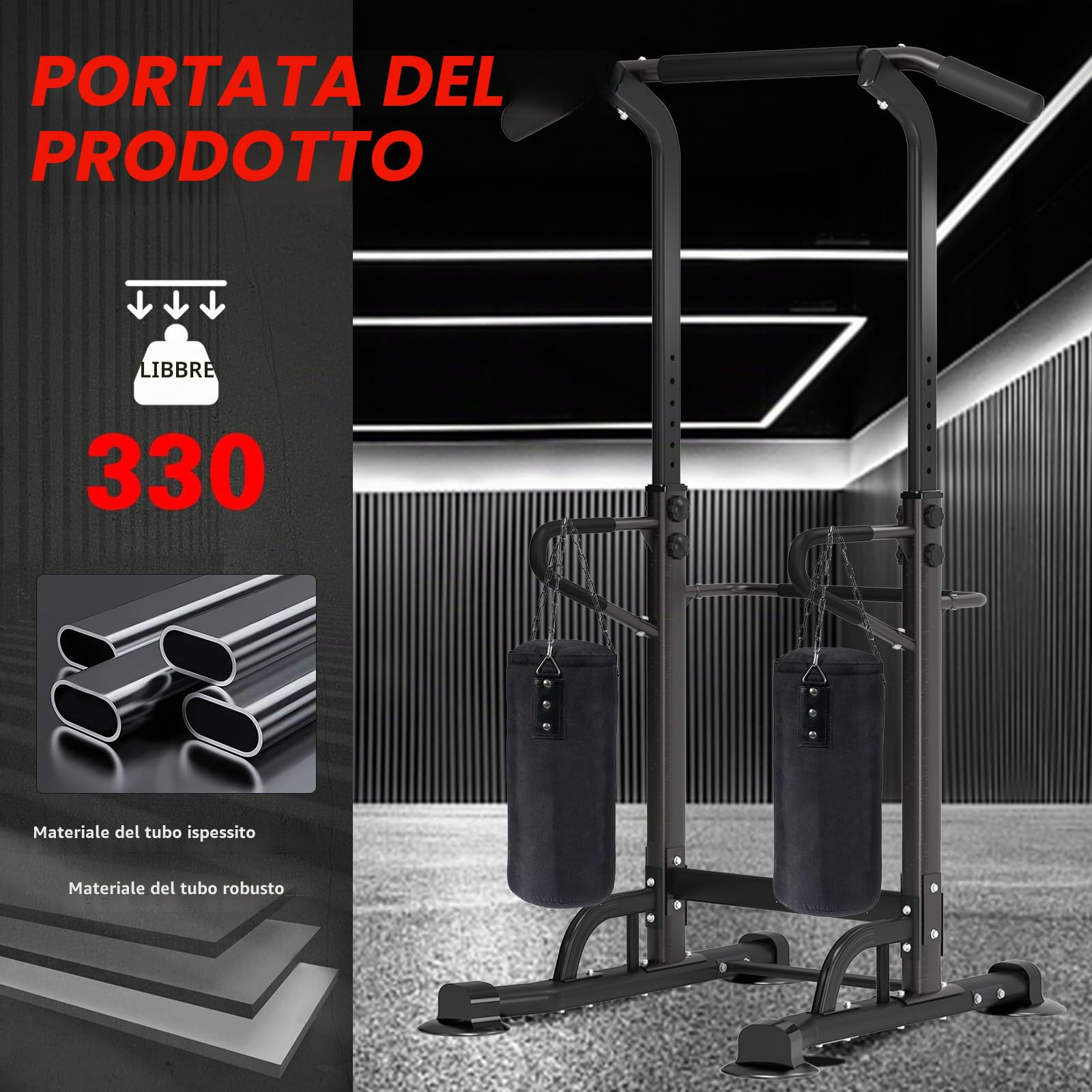 SogesPower Stazione di Allenamento Power Tower Dip Station Barra di Trazione per Home Gym Telaio Rinforzato con Altezza Regolabile