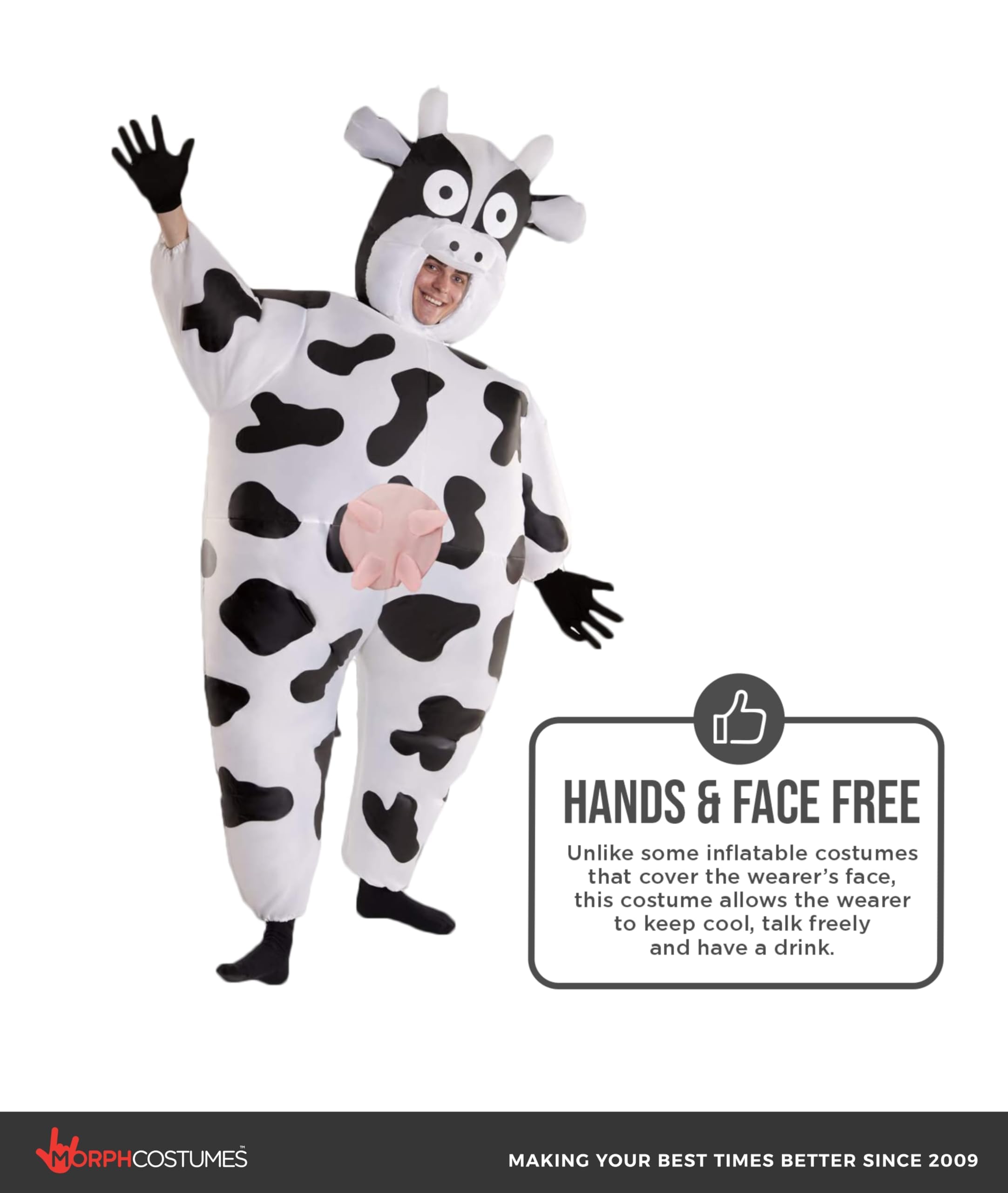 MORPH Disfraz Vaca Hinchable Adulto, Disfraces Vaca Mujer, Disfraz Inflable para Carnaval y Halloween, Talla única | Traje Blanco con Manchas & Guantes, Ventilador de Batería, Se Infla en Segundos, Perfecto para Halloween, Siempre un Éxito