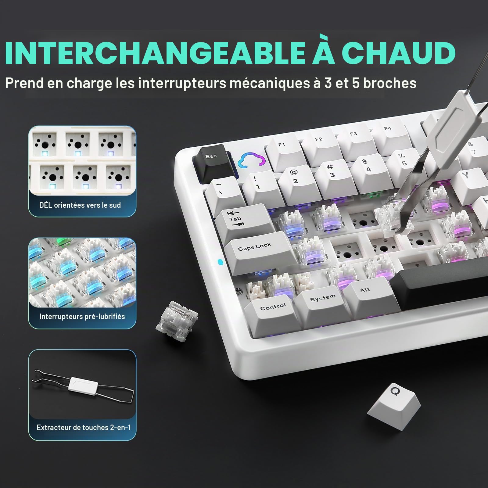 YUNZII AL98 Clavier Mécanique Gamer sans Fil en Alu (Blanc, Milk V2)