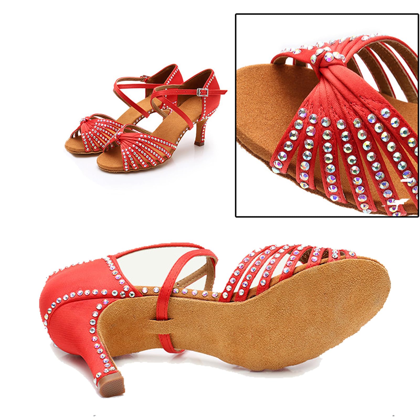 Nowe buty do tańca latynoskiego z diamentową wkładką dla kobiet dorosłych na środkowym obcasie miękka podeszwa buty do tańca wysokie obcasy z diamentowymi butami do tańca Cha-cha, A437 czerwony obcas