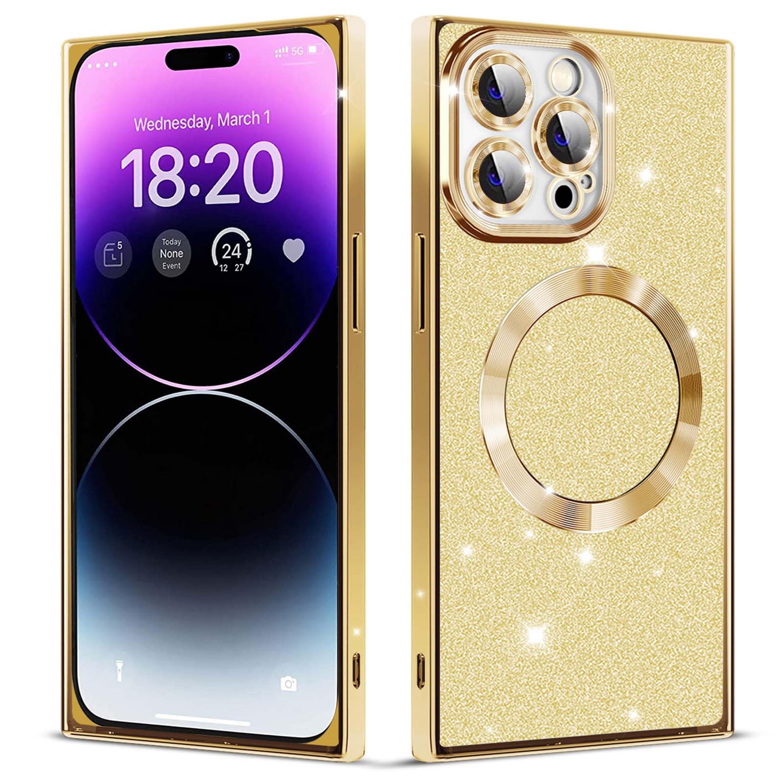 KERZZIL Girly Magnetic Rectangle Edges Compatible with iPhone 13 Pro Max Case [Compatible with MagSafe] Cute Bling Glitter Cover, Drop Protection,