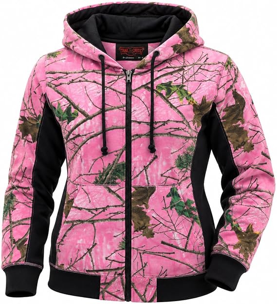TrailCrest Women's Pink Camo Full Zip Hoodie Sweatshirt Hooded Jacket