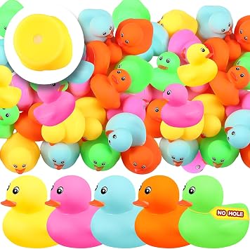 MiniInflat 50 Pcs 2.2 Inch Waterproof No Hole Rubber Ducks Bath Toys with Sealed Plug, Multicolor Assortment Ducks Bulk for Bathtub Floating Pool Toy Birthday Party Favor Gift Summer Beach Party Game