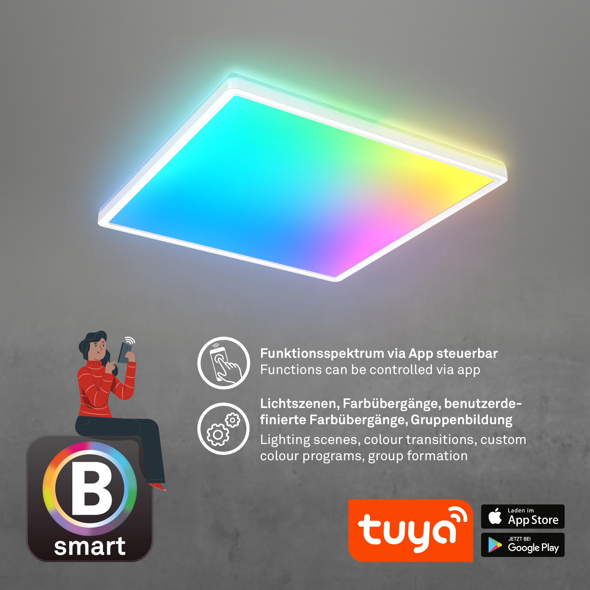 BRILONER - LED Deckenlampe flach Smart Home, funktioniert mit Alexa, buntes RGB+W Licht, Lampe, Deckenleuchte, Wohnzimmerlampe, LED Panel, Schlafzimmerlampe, 42x42x3 cm, Weiß