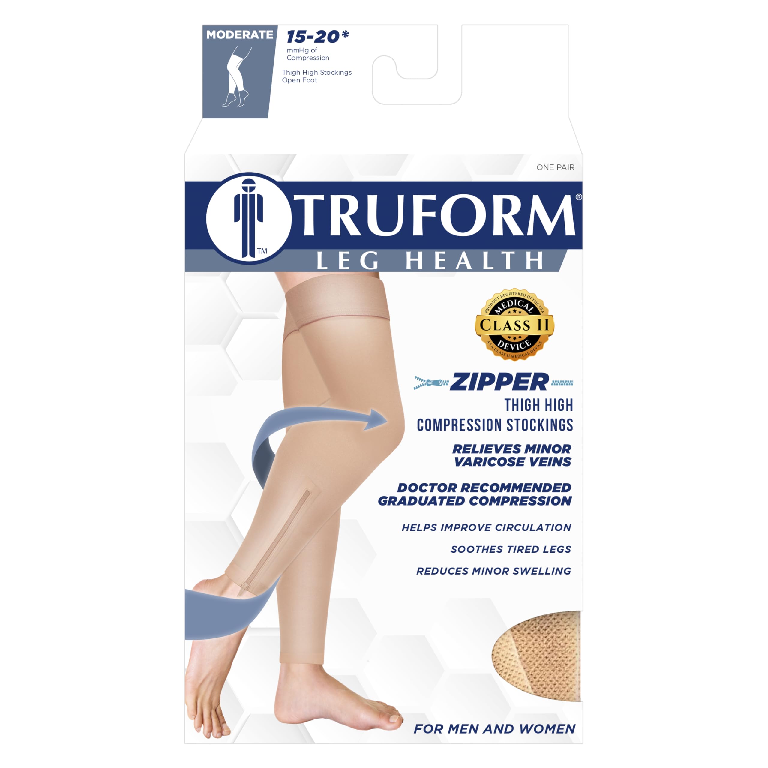 Truform Zipper Compression Stockings, 15-20 mmHg, Medical Thigh Length Leg Sleeve for Women and Men, Footless, Large
