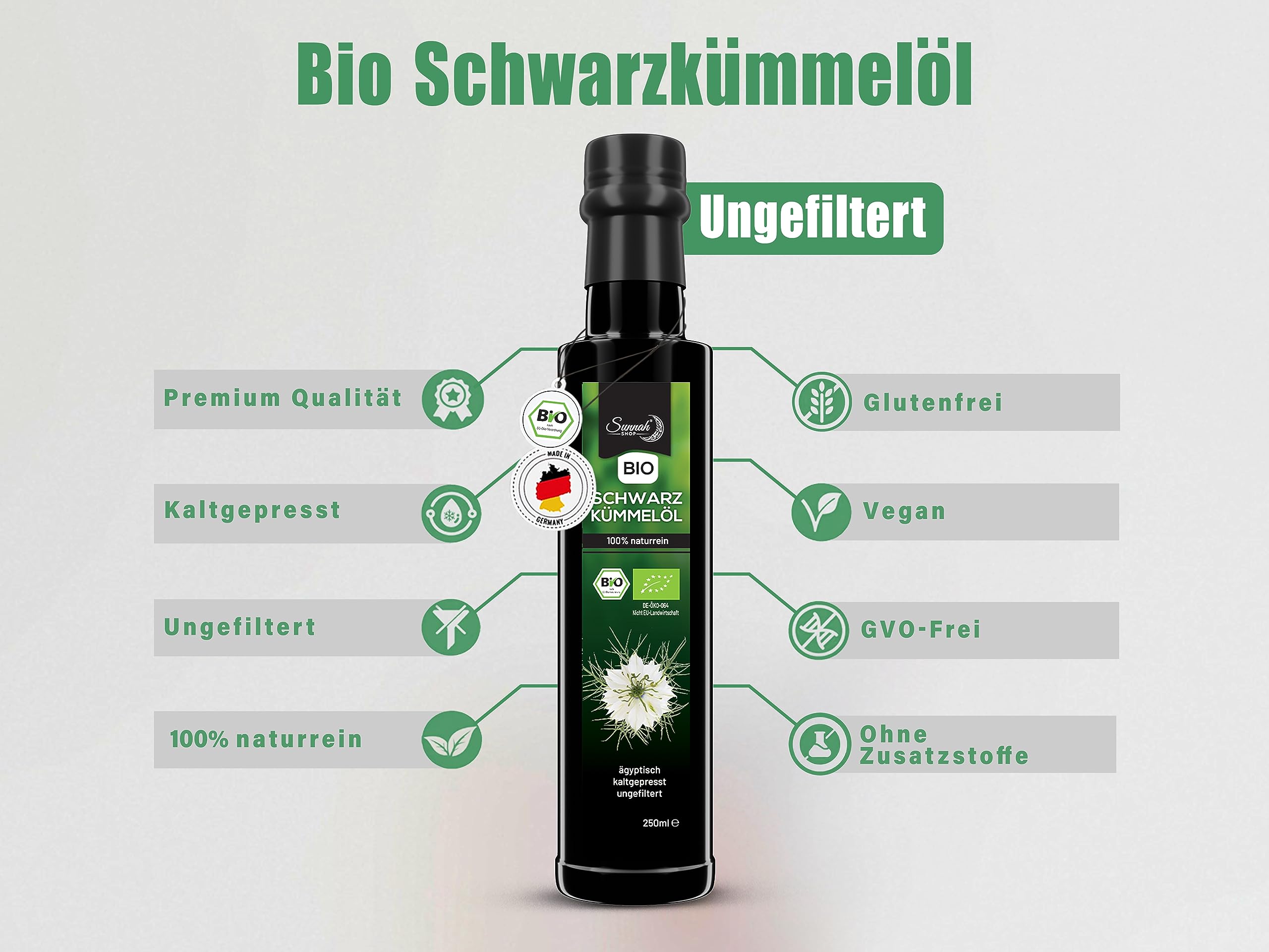 Sunnah Shop® huile de cumin noir biologique non filtrée pressée à froid 250 ml | Huile de Nigelle Bio | Nigella Sativa égyptienne 100% pure