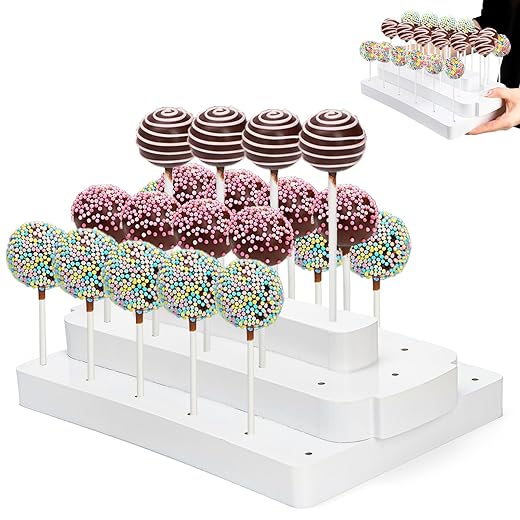 Wood Cake Pop Stand, 28 Holes Lollipop Hold Stand, 3 Tier Candy Pop Display Holder for Dessert Table, Treat Holder for Christmas Party Wedding Birthday, Fit 0.17" (4.5mm) Lollipop, White