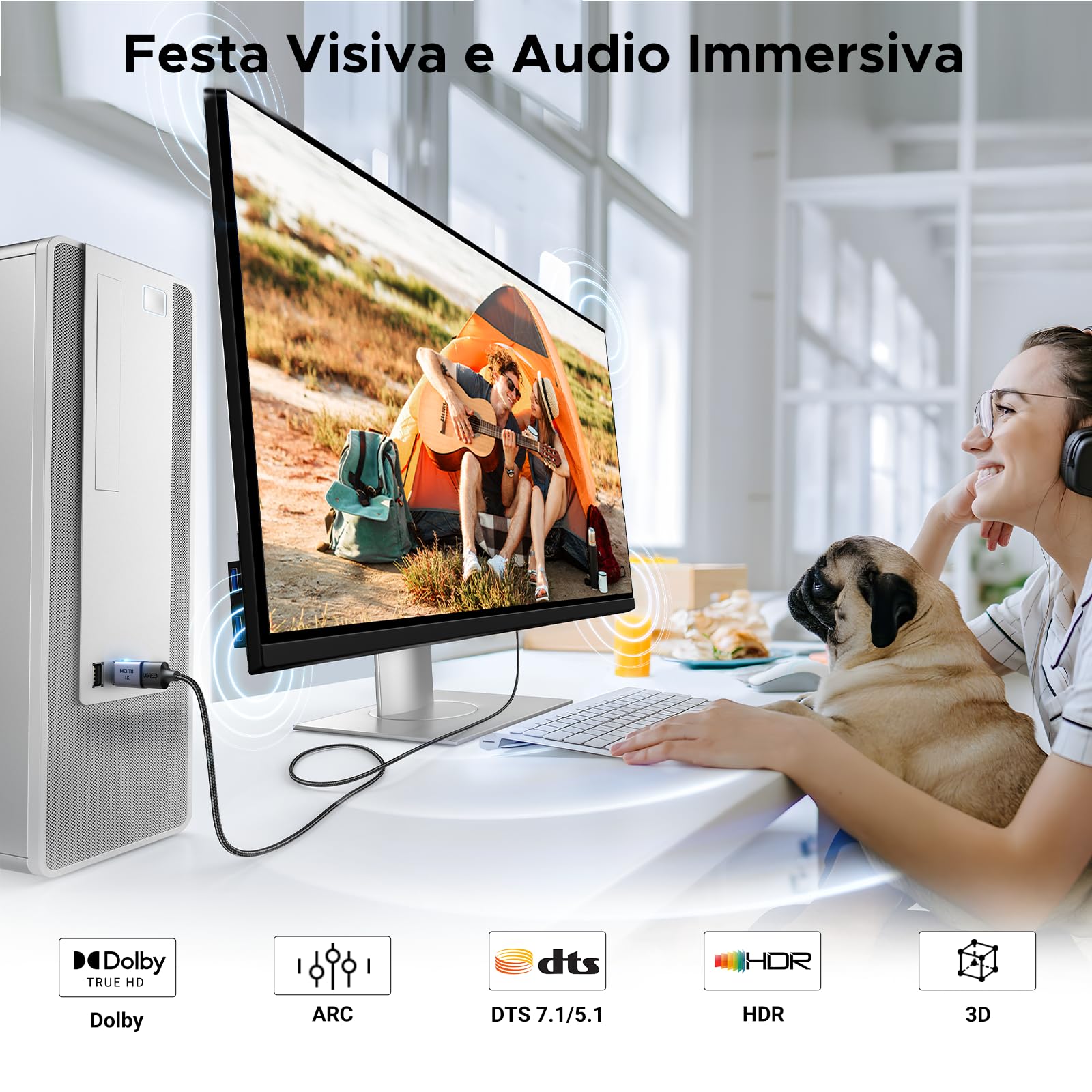 UGREEN Adattatore DisplayPort a HDMI Unidirezionale 4K 30Hz 2K 60Hz 1080P 120Hz Convertitore Alluminio 2 Pezzi