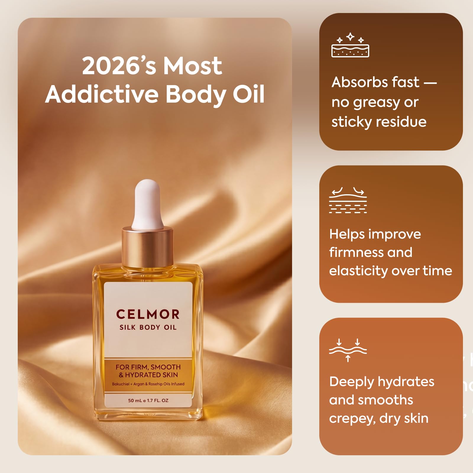 CELMOR Silk Body Oil with Bakuchiol for Firming and Moisturizing