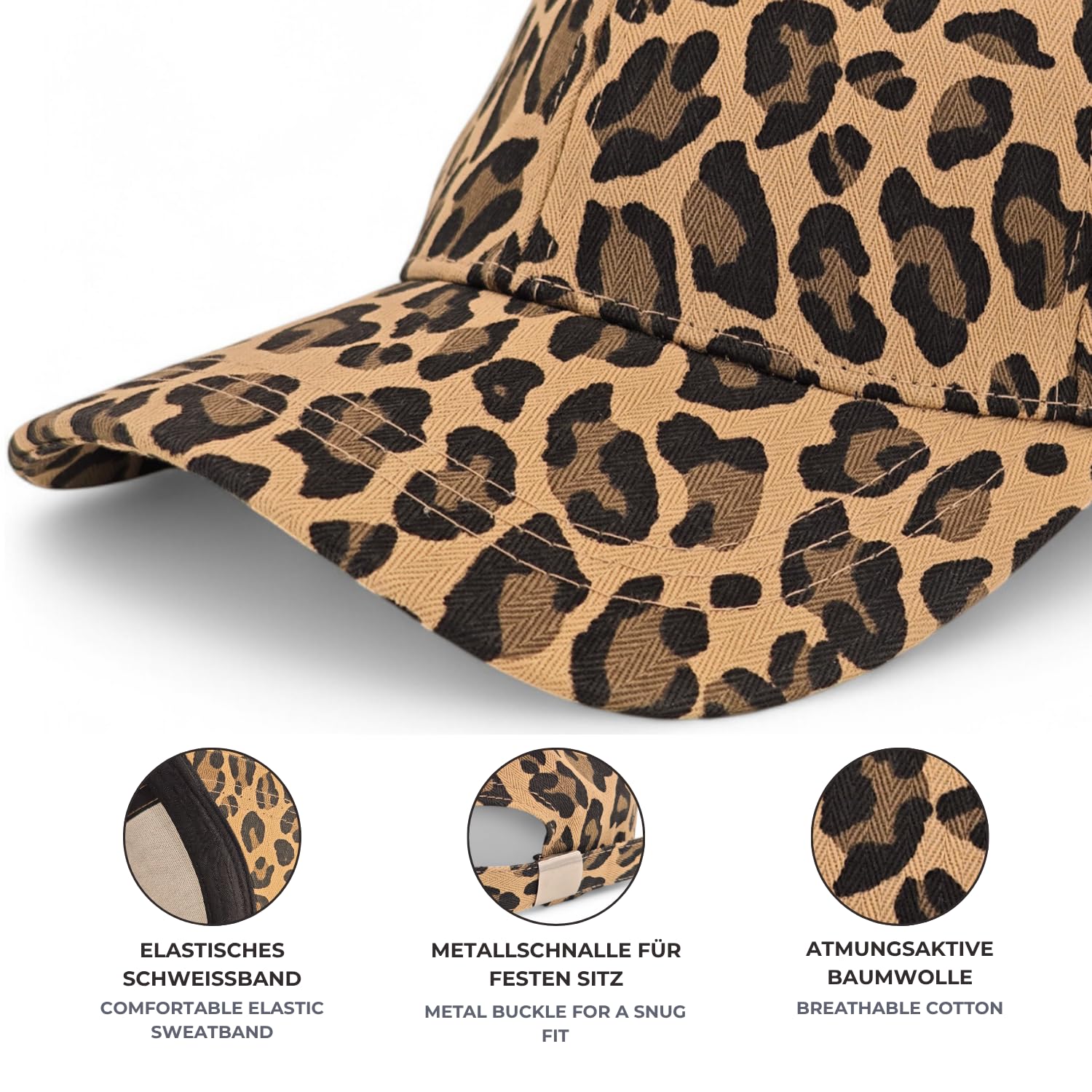 styleBREAKER Caschetto Baseball Donna con Motivo Leopardo, Basecap 6 Pannelli in Cotone, Visiera Curvata, Regolabile e Traspirante