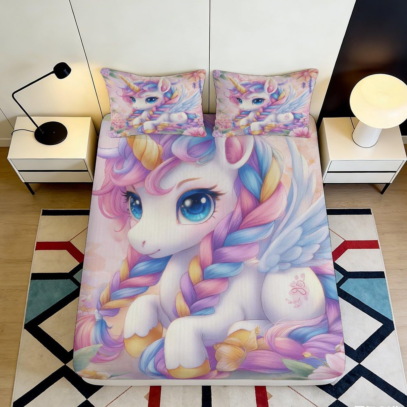 3D Printed Pastel Unicorn Fitted Sheet Microfiber Soft Breathable Rainbow Animal Bed Cover for Bedroom Dorm Decor 140x200x25cm