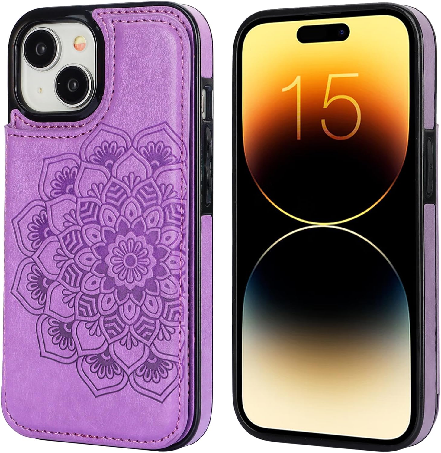 Vaburs for iPhone 15 Case Wallet Compatible with MagSafe Wireless Charging, Card Holder, RFID Embossed Mandala Pattern Flower PU Leather Double Buttons Flip Shockproof Cover for 6.1 Inch (Purple)