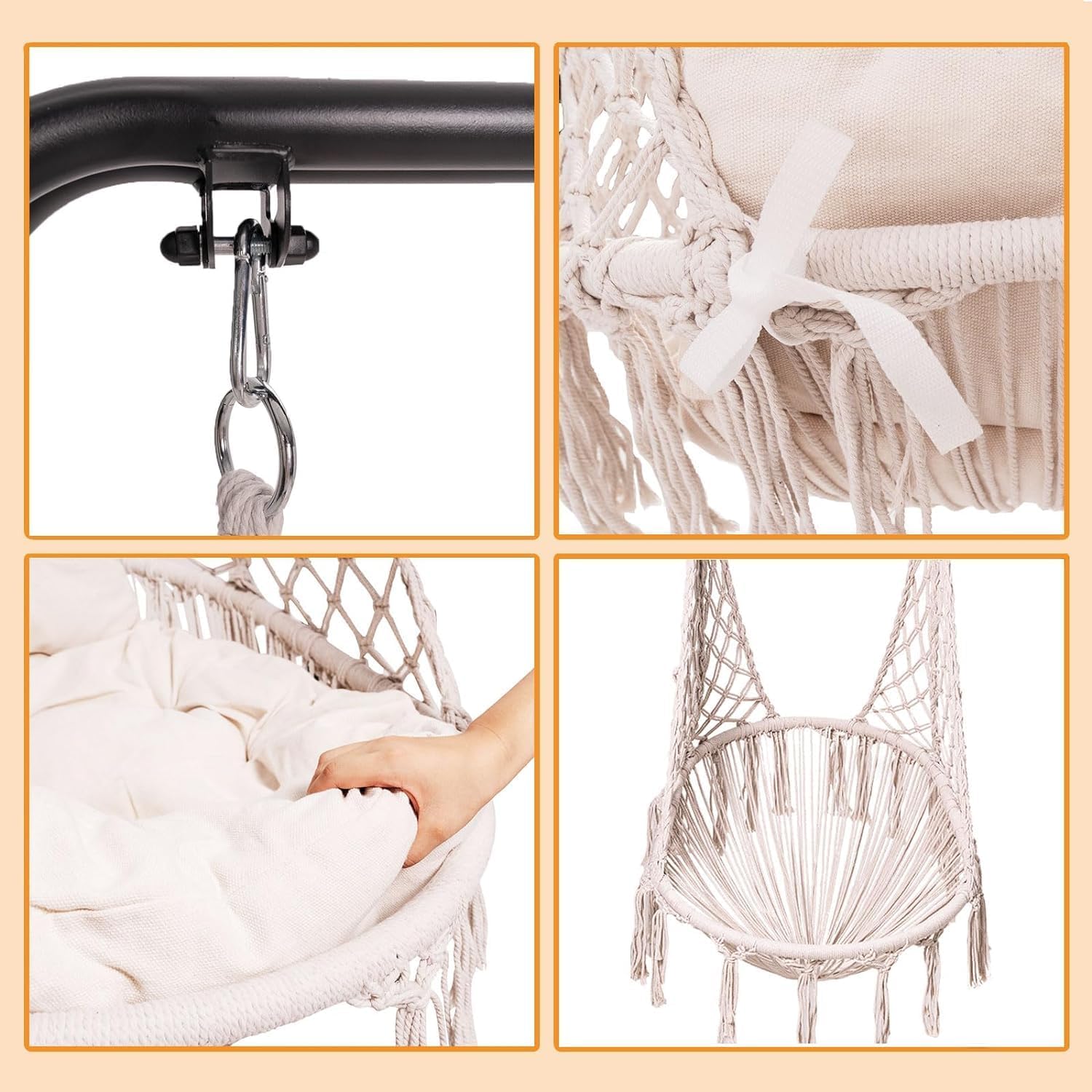 Lazy Daze Hammocks Swing Chair with Stand, Macrame Hammock Chair Cushion, Heavy-Duty Steel Swing Stand for Indoor, Bedroom, Yard, Garden- 350 Lbs Capacity, White