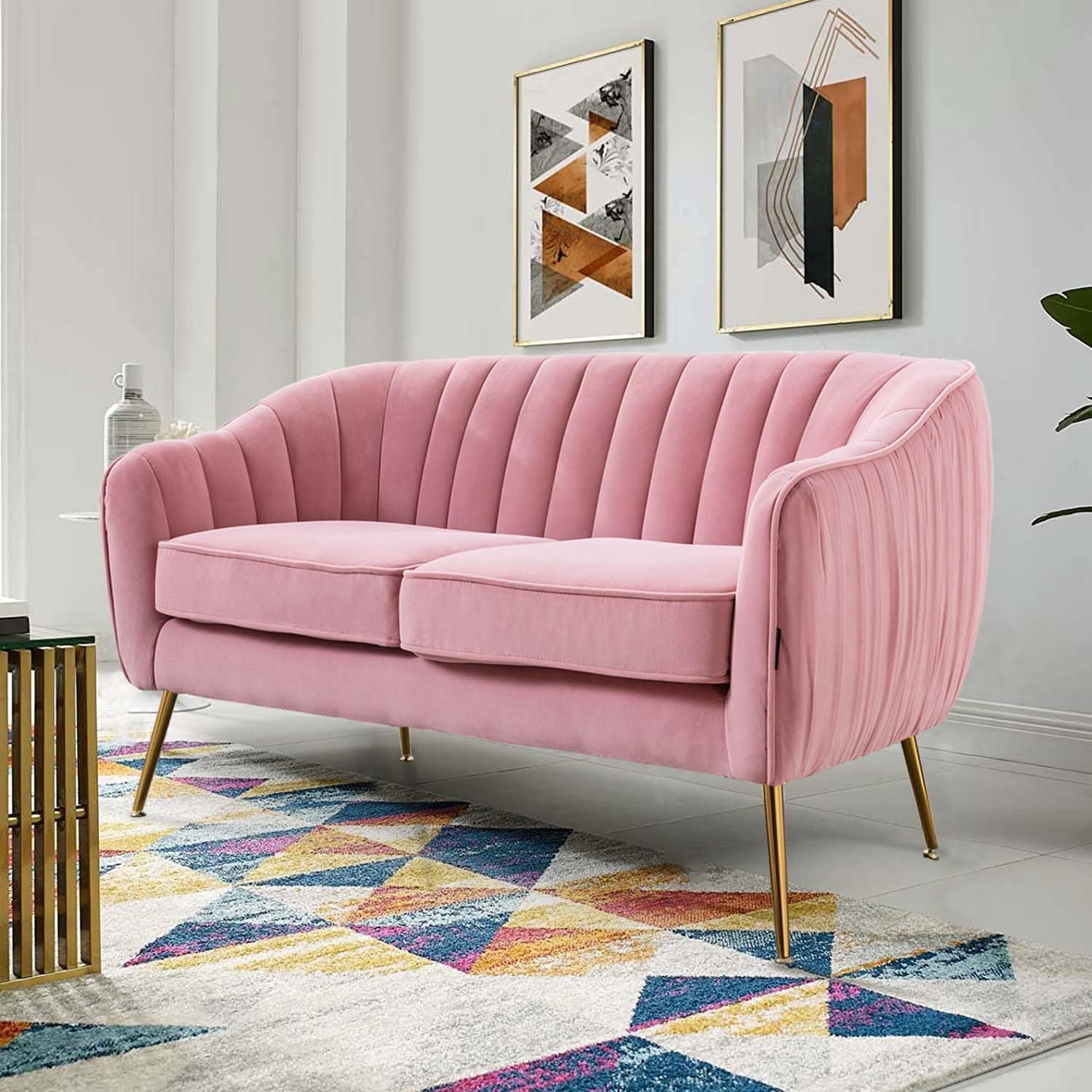 Velvet Sofa Couch for Two People, Modern Loveseat for Living Room Bedroom Small Spaces, Blush Pink