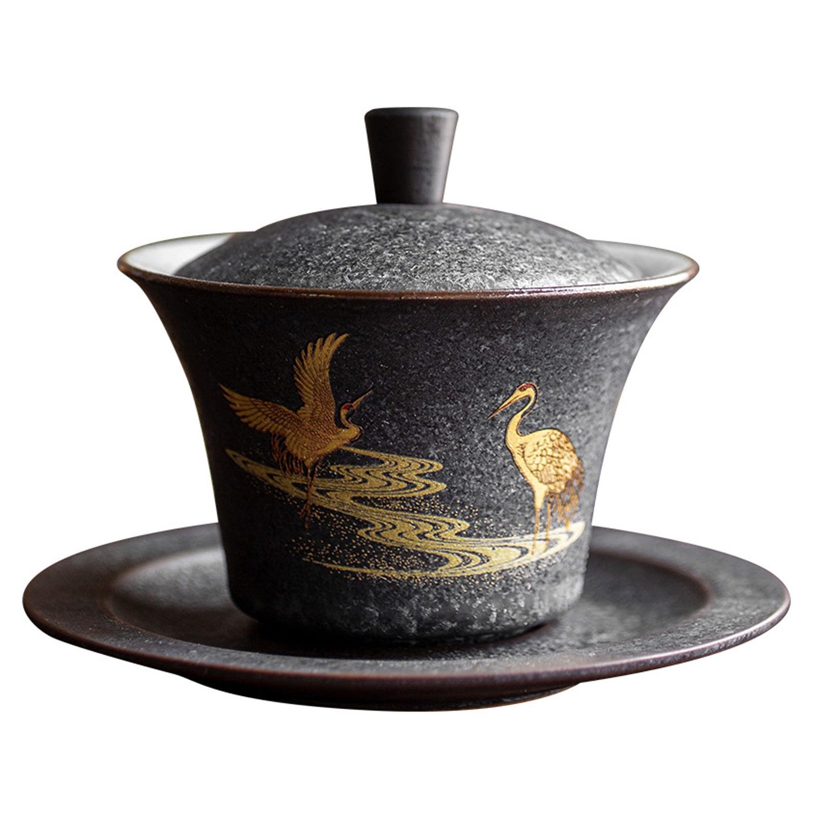 Xyueru One Color Retro Ceramic Lid Bowl Cranes Gaiwan Teacup Chinese Kung Fu Tea Set Anti-Hot Coarse Pottery Bowls Handmade