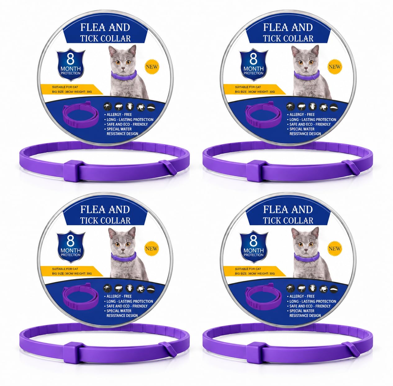 4 Pack Cat Repellent Collars, Adjustable Cat Collar for Small Medium Large Cats, Lightweight Waterproof Pet Collar with Natural Design, Comfortable Daily Wear (Purple;)
