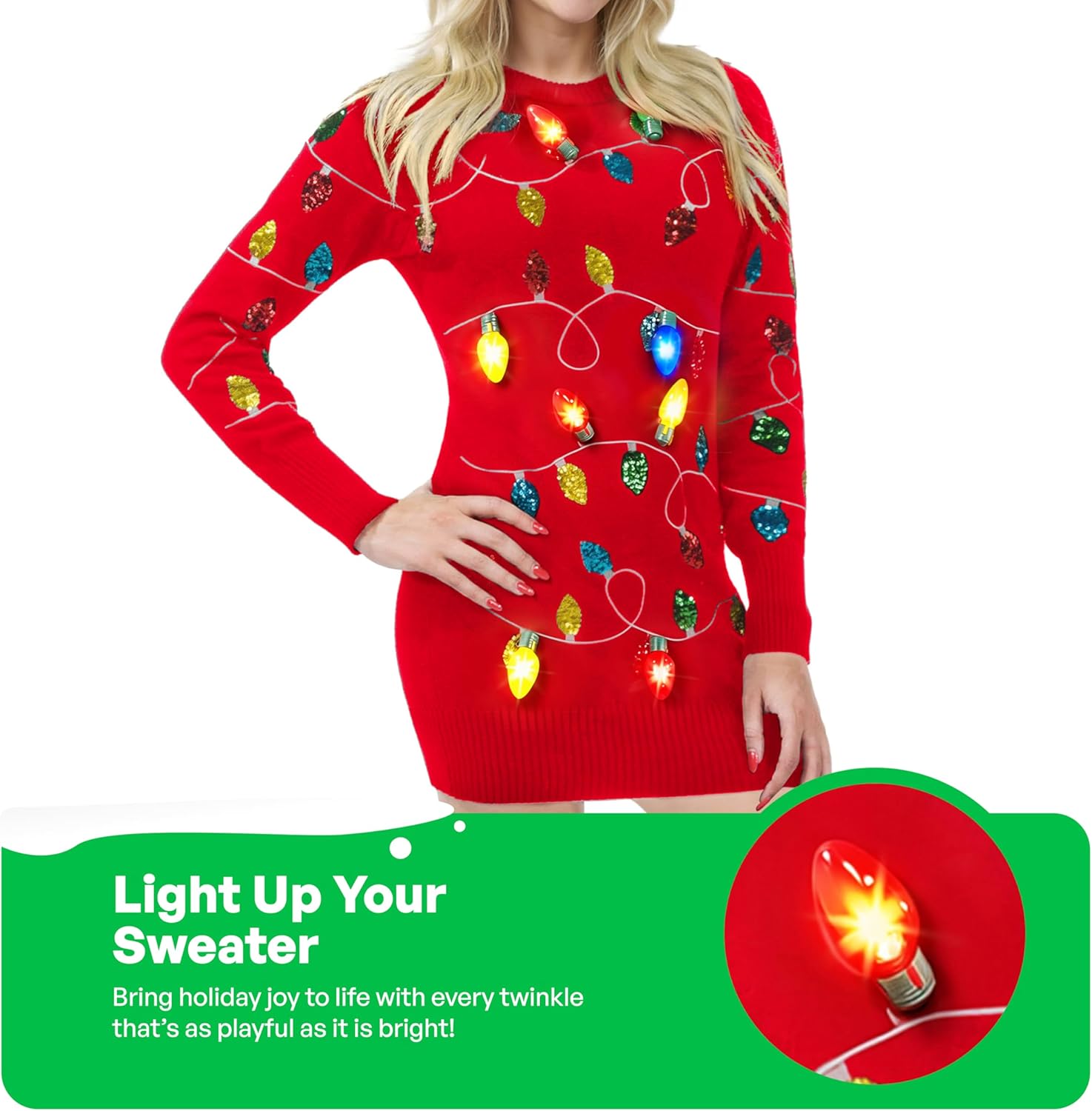 Giggling Getup Womens Light Up Ugly Christmas Sweater Dress with Light Up Bulb, Sweater Dresses for Women 2025 - Image 4