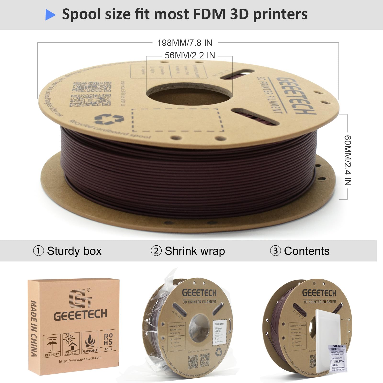 GEEETECH Filamento PLA in fibra di carbonio, filamento CF PLA 1.75 +/- 0.03 mm, bobina da 1 kg per stampante 3D, rosso mattone
