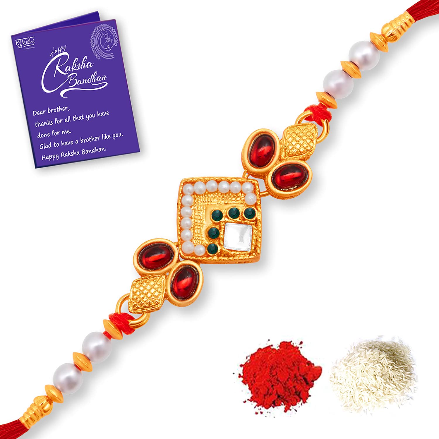 Sukkhi Rakhi Refined Kundan Designer Gold Plated Premium Rakhi for Brother With Roli Chawal & Greeting Card | Rakhi for Bhaiya | Rakhi for MEN | Kundan Rakhi | (RAK100025) (B09414W7M1) Amazon Price History, Amazon Price Tracker