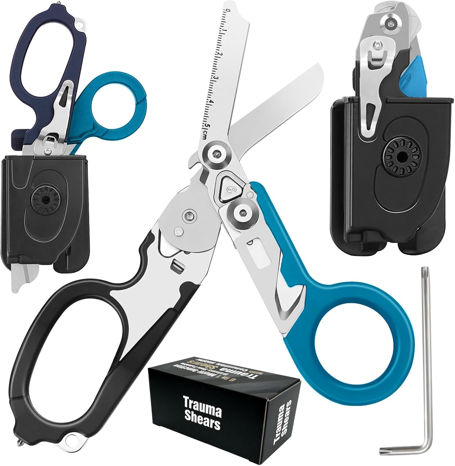 Lenporl 6 In 1 Multi-function Trauma Shears Foldable with Compatible Holster and Penlights,Emergency Shears with Strap Cutter and Glass Breaker for Outdoor Medical Scissors Tools Black+Blue
