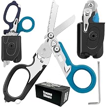 Lenporl 6 In 1 Multi-function Trauma Shears Foldable with Compatible Holster and Penlights,Emergency Shears with Strap Cutter and Glass Breaker for Outdoor Medical Scissors Tools Black+Blue