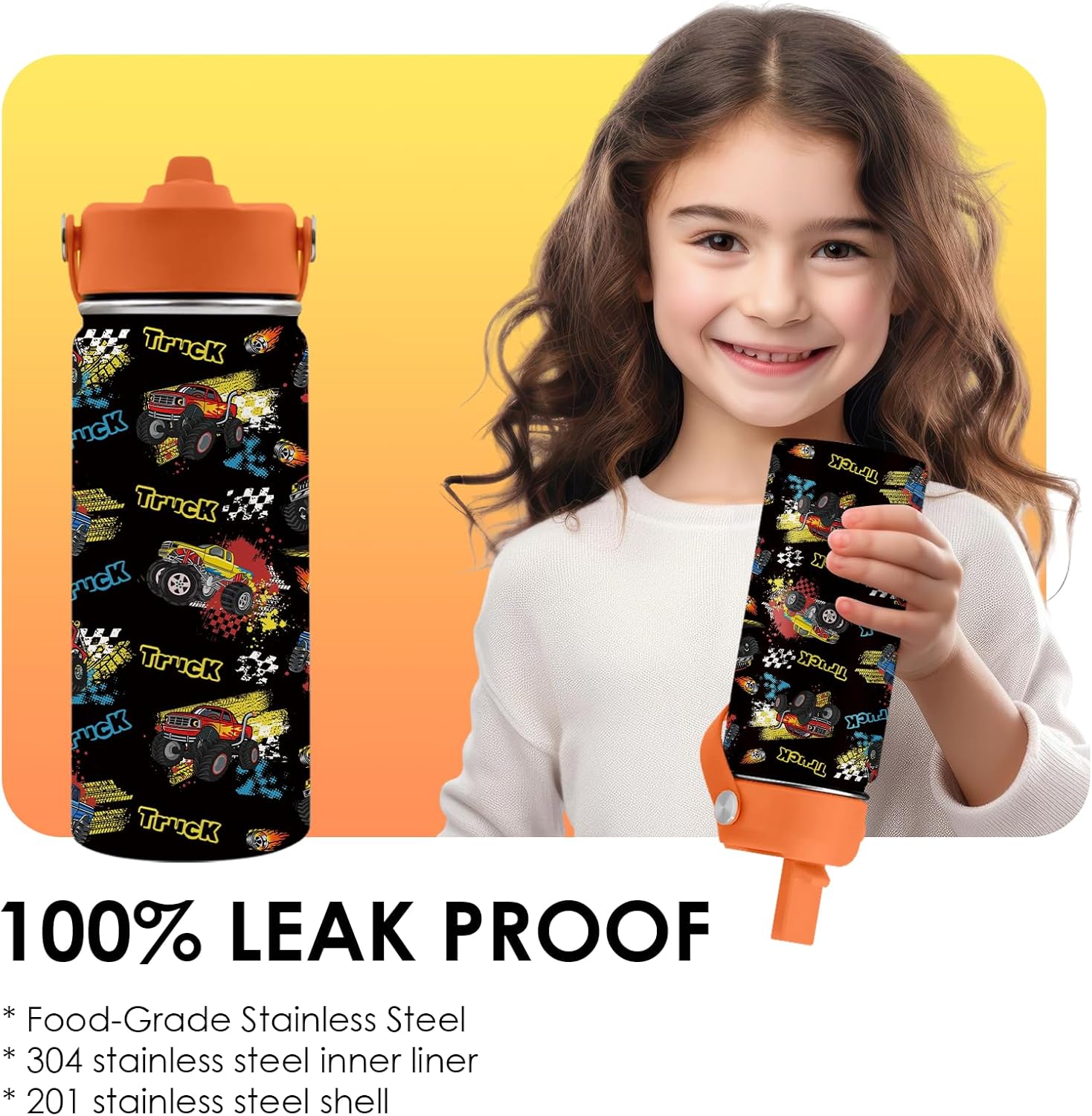 Truck Gifts for Kids - 16 Oz Kids Water Bottle with Straw Lid, Stainless Steel Insulated Tumbler, Leak Proof, BPA-Free, for Girls, School, Travel - Truck Lovers Children Birthday Gifts Cups(1pc) - Image 6