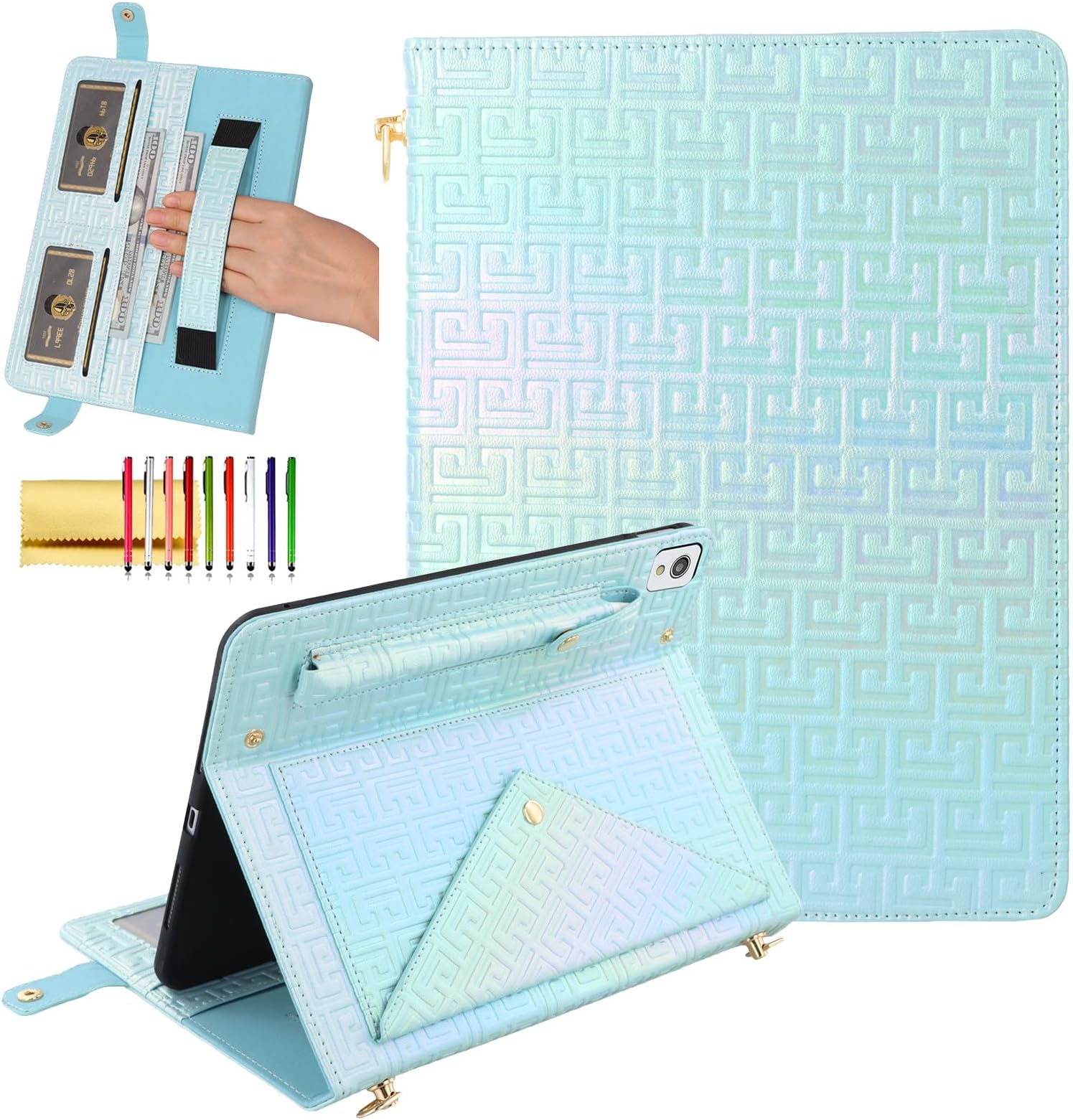 Dteck iPad 10th Generation Case 10.9" 2022 - Luxury Sparkle PU Leather Kickstand With Pencil Holder, Shoulder Hand Strap, Card Slots, Shockproof Protective Magnetic Pockets Wallet, Lightblue