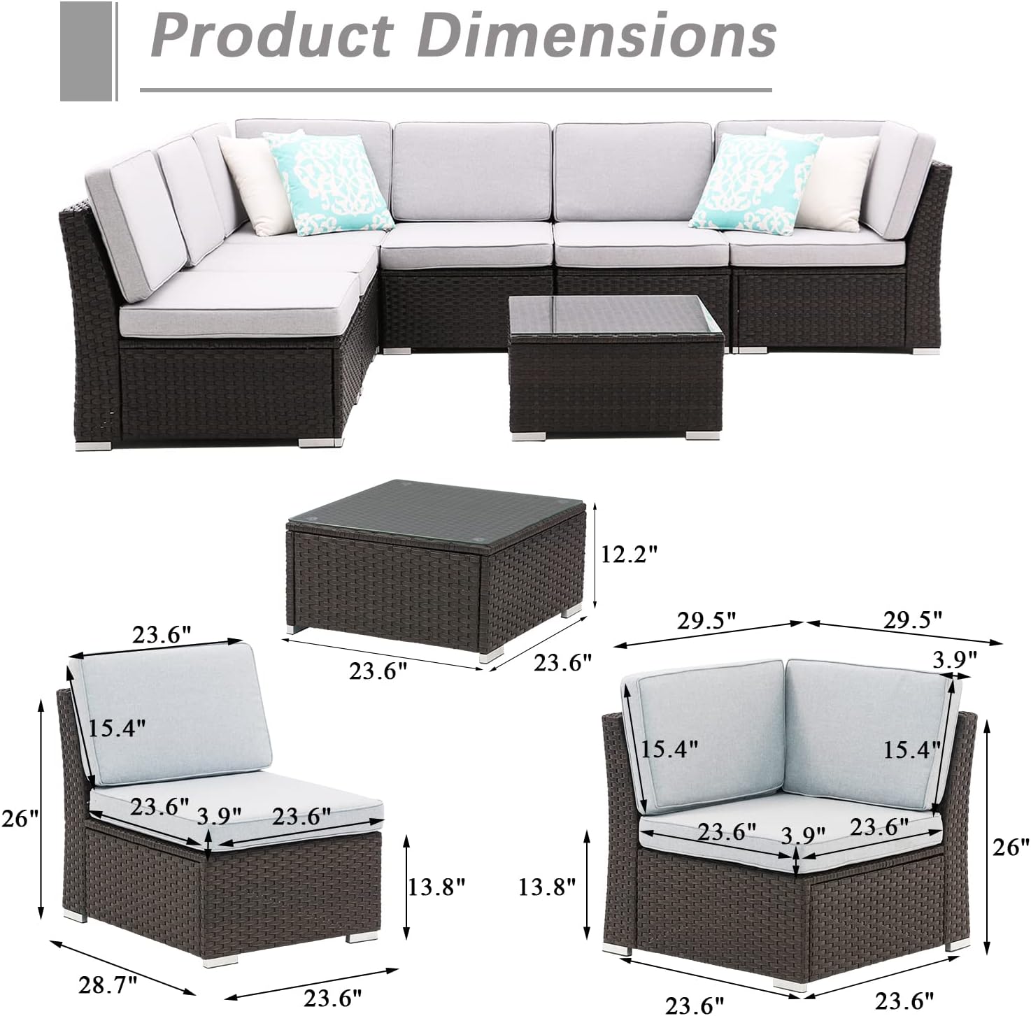 Patio Sofa Set with Coffee Table Outdoor Sectional PE Rattan Conversation Furniture Sets All Weather Thickened Cushion, Manual Weaving (7 Sofa-Grey), (DYM-iArtHand-33)