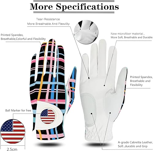 Miniatura 2 de FINGER TEN Golf Gloves Women Right Handed Golfer Left Hand with Ball Marker USA Flag Ladies Breathable Soft All Weather Grip Printed Pattern Size XS