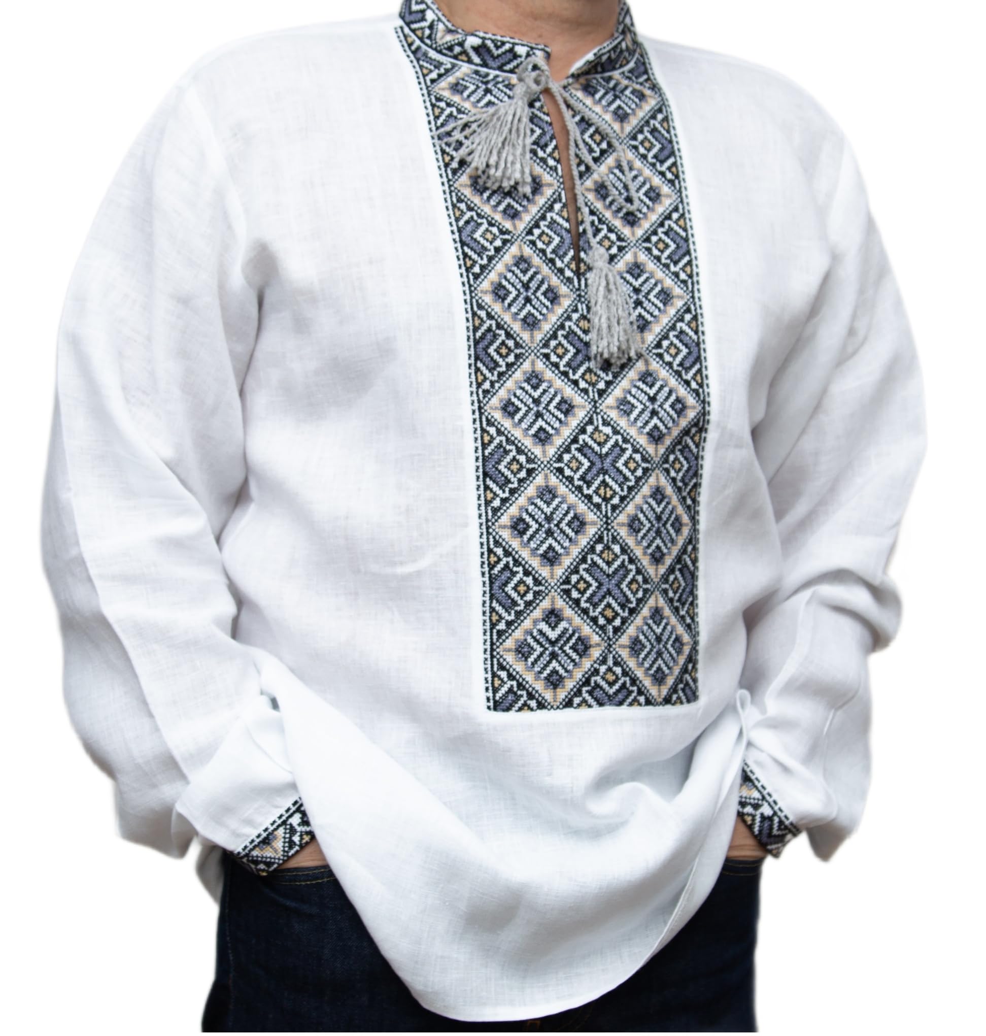 SET 2 VYSHYVANKA Men's Ukrainian Embroidered LINEN shirt Black yellow white gray wedding Handmade XL easter gift