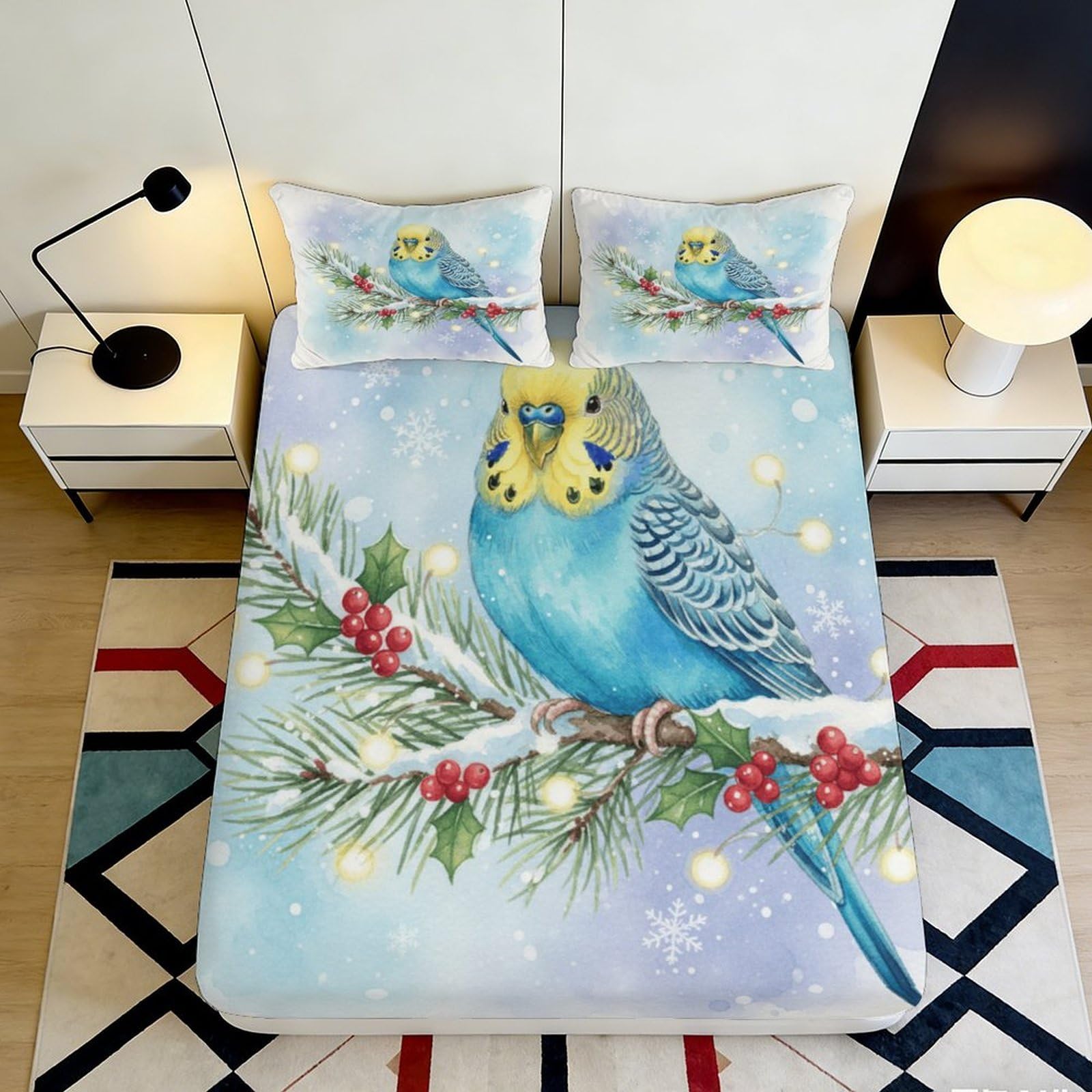 3D Printed Parrot Fitted Sheet Microfiber Deep Pocket Non-Slip Bedroom Bedding Parrot Mattress Fitted Cover Washable 160x200x25cm