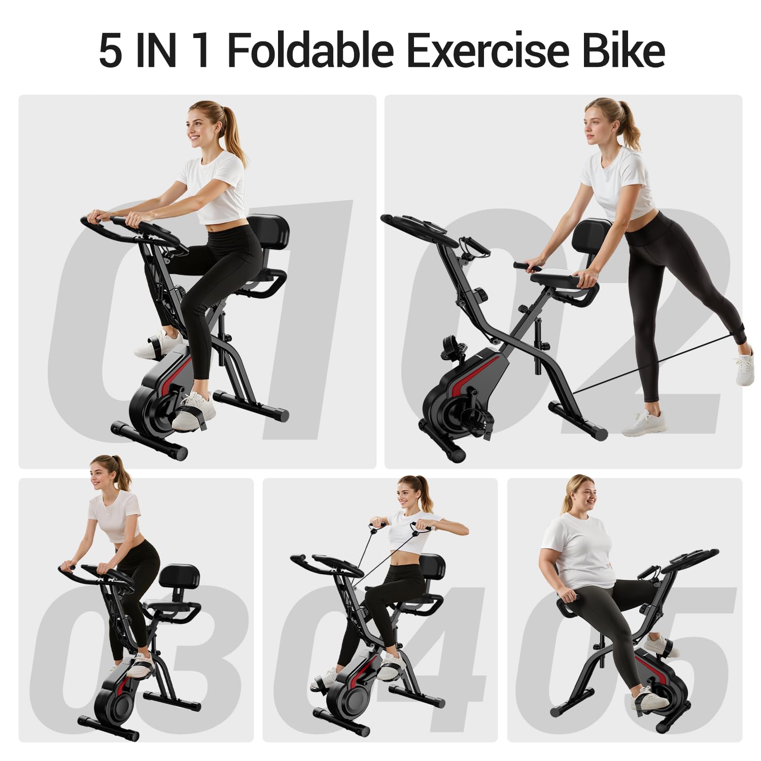 UMAY Velo d appartement pliable, 5-en-1 Velo appartement pliable, équipé d'une résistance silencieuse à 16 niveaux. Vélos d'appartement avec surveillance de la fréquence cardiaque et écran LED