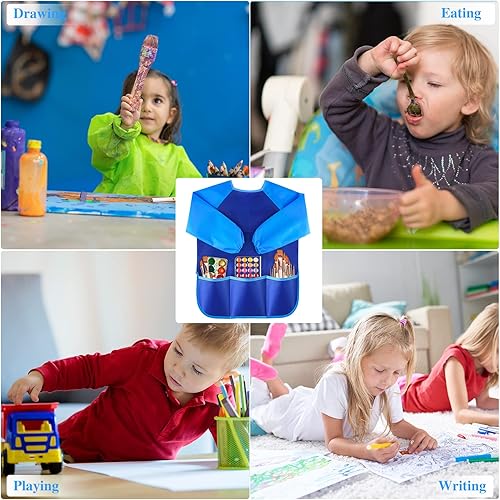 Miniatura 5 de NEBURORA 1 paquete de delantales de arte para niños impermeables con 3 bolsillos espaciosos, suministros de pintura para niños de 3 a 5 años