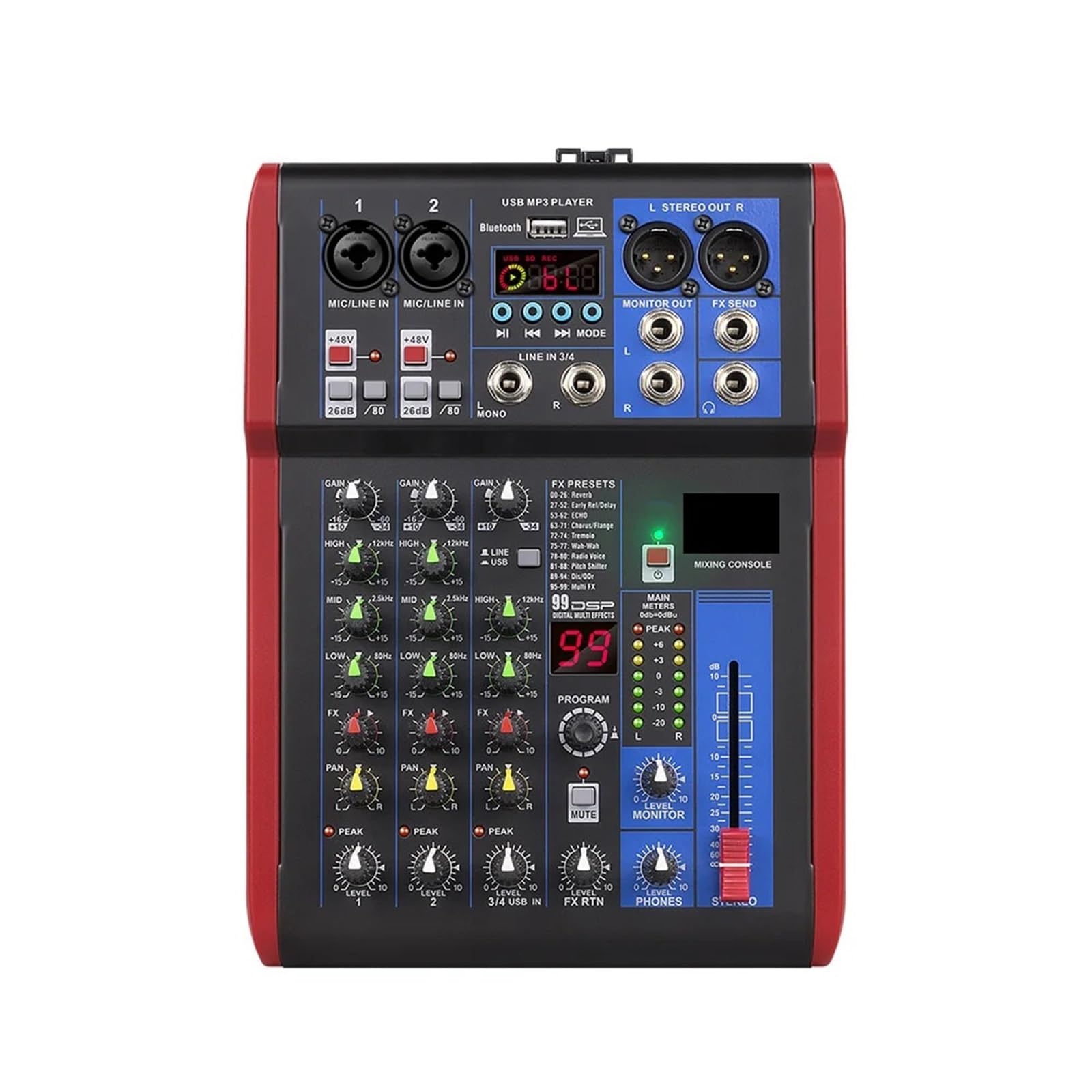 Kontroler DJ-ski, 99DSP Mikser DJ Konsola - 2 wejścia mikrofonowe/liniowe Wejście/wyjście MP3/USB Efekty korektora i opóźnienia 20 Hz-30 kHz(4 Channels)