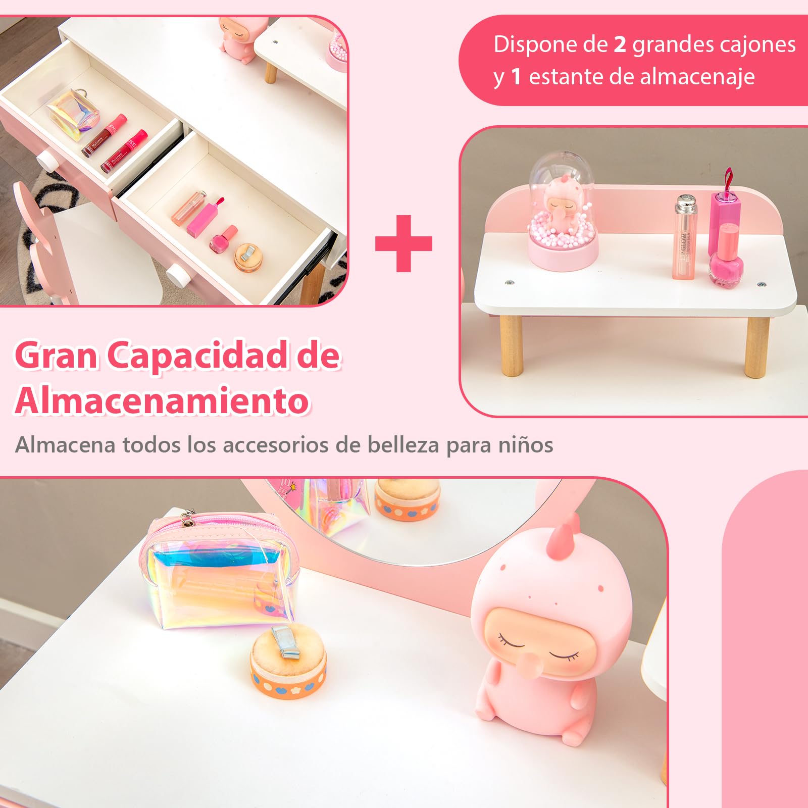 RELAX4LIFE 2 en 1 Tocador de Maquillaje para Niña con Espejo Extraíble y Taburete, Tocador Niña con 2 Cajones y 3 Accesorios, Maquillaje Niñas, Tocador Infantil de Madera para Niños 3-7 Años (Rosa)