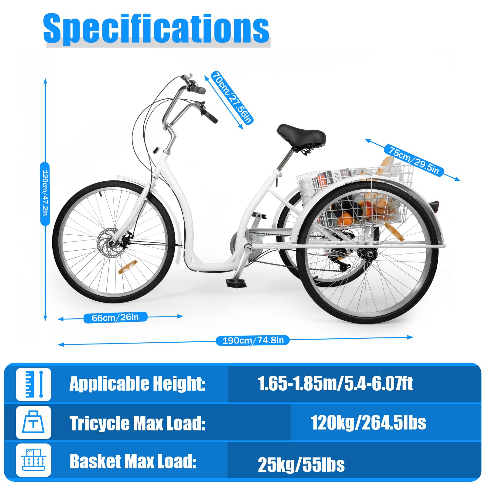 Triciclo adulto de 26 pulgadas, 6 velocidades, soporta 264,55 lbs ajustable para personas mayores, bicicleta de crucero, bicicleta de compras, adecuada para personas mayores para conducir