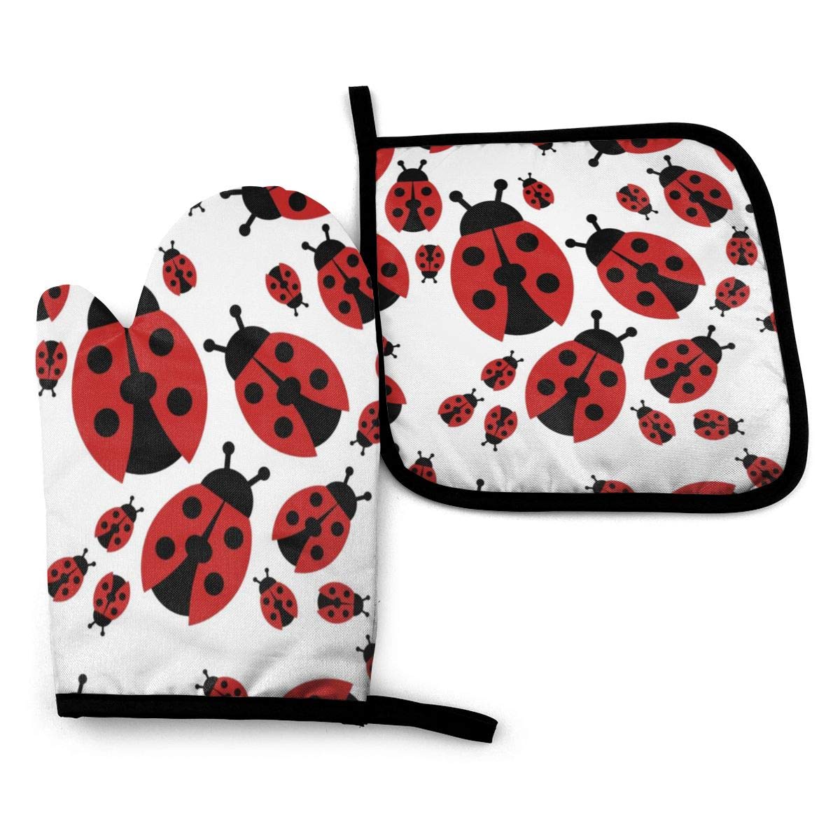 Oven Mitt and Pot Holders, 2 Piece Set, Cartoon Red Ladybug Cotton Lining Non-Slip BBQ Gloves