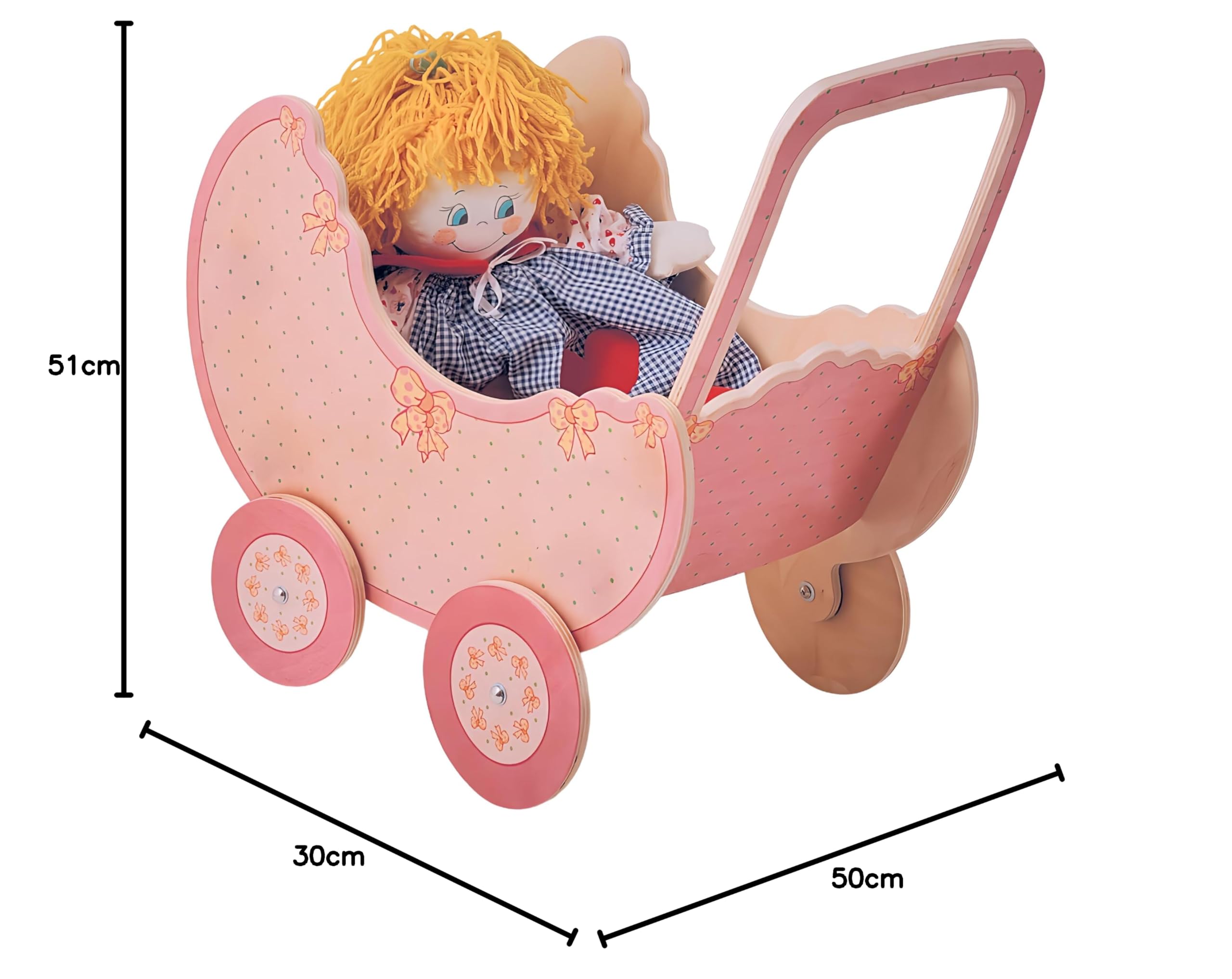 Dida - Holzpuppenwagen Rosa: Kinderwagen für Große Puppen bis 50 cm, Ideal für Rollenspiele für Kinder von 2 bis 4 Jahren