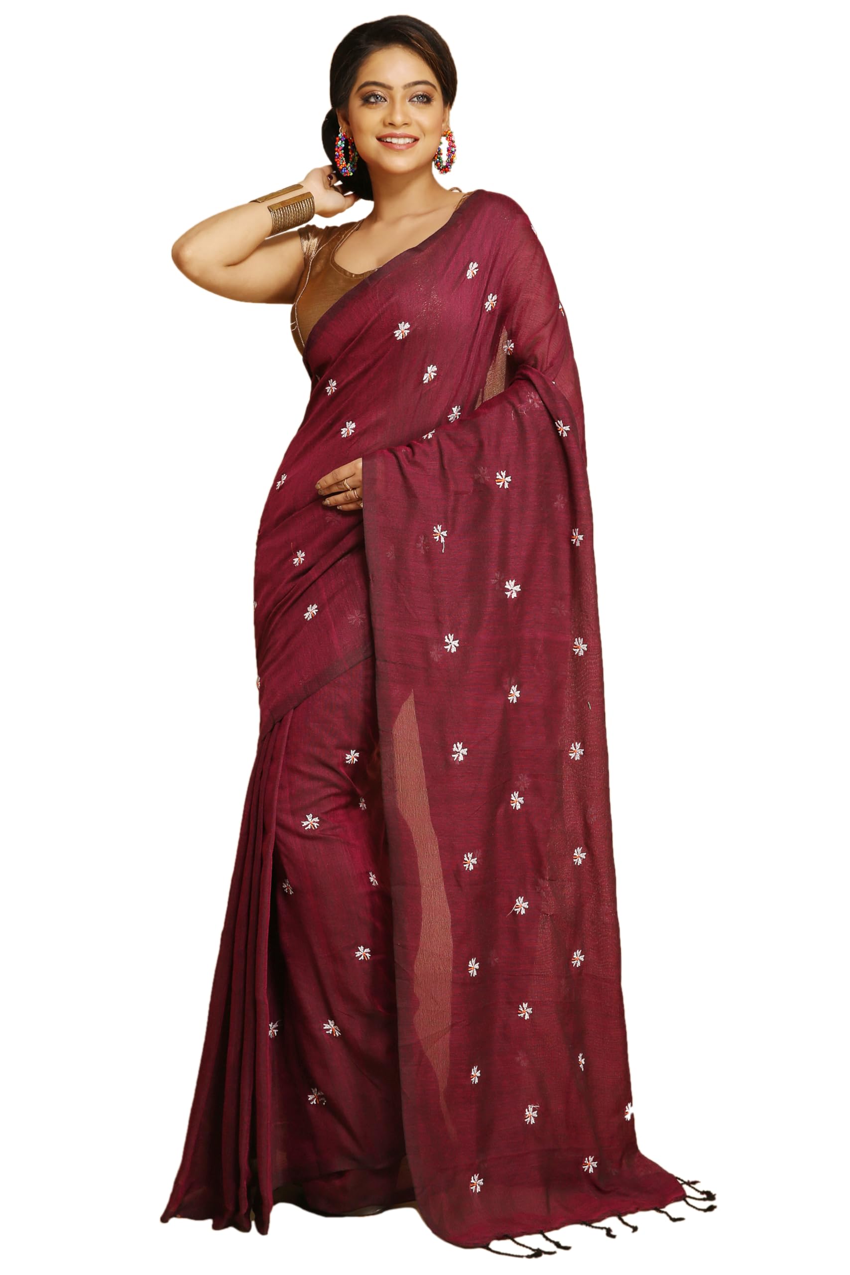 BENGAL HANDLOOM Shiuli Flower Butik Work Saree With Blouse Piece (Magenda)-image-13